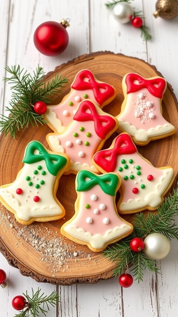 Decorated Christmas bell cookies on a wooden platter with holiday decorations.